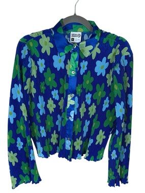 Women's Sammy B for Target Blue Green Floral Pleated Lettuce Hem Button Up Top M